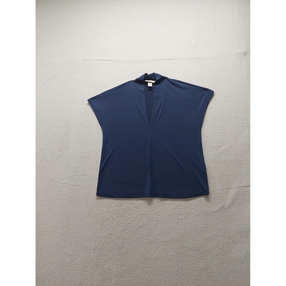 H&M Women‎ Top M Navy Blue V Neck Stand Up Collar Short Sleeve Pullover Business